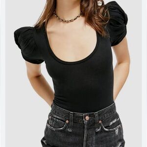 Free People Black Ava Puff Short Sleeve Bodysuit